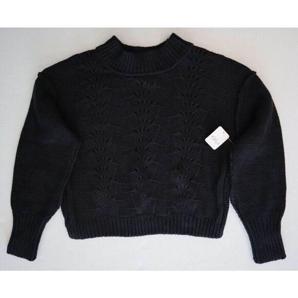 Free People OB1515484 Women Sz L Black Cable Knit Crewneck Pullover Sweater - Picture 1 of 8